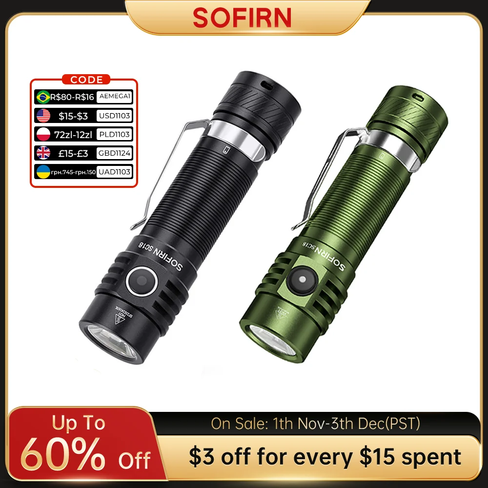 Sofirn SC18 SST40 LED 18650 Torch 1800lm EDC Flashlight USB C Rechargeable TIR Optics Lens Lantern with Power indicator