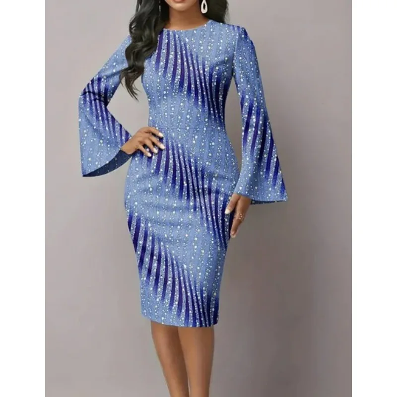 Women's Elegant Navy Blue Bell Sleeve Bodycon Dress High Waist Slim Fit Cocktail Party Dress for Evening, Wedding Guest