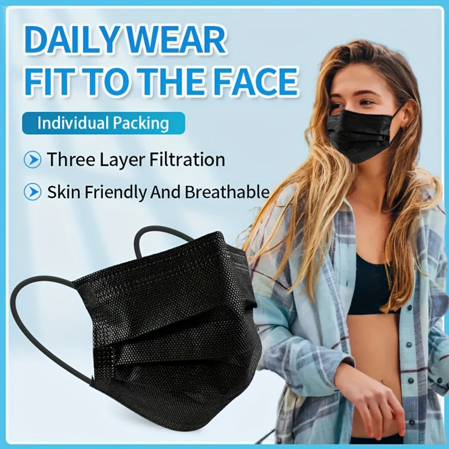 50 قطعة من قناع HENGPIN مكون من 3 طبقات من القماش الذائب للاستعمال مرة واحدة، قناع واقٍ من الغبار، قناع أسود غير منسوج للبالغين