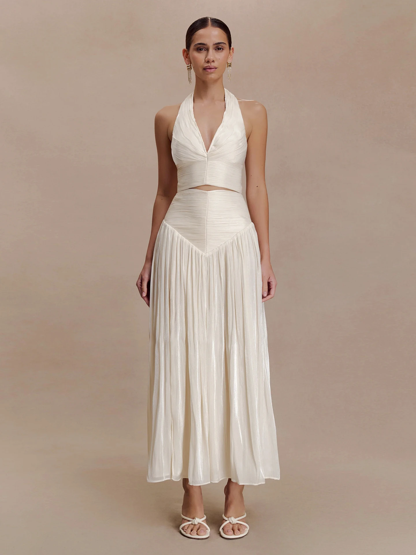 

Faionable VGH Cross-Border Two-Piece Set with Hanging Ne Deep V Svel Top And Waist-Cinching Dr
