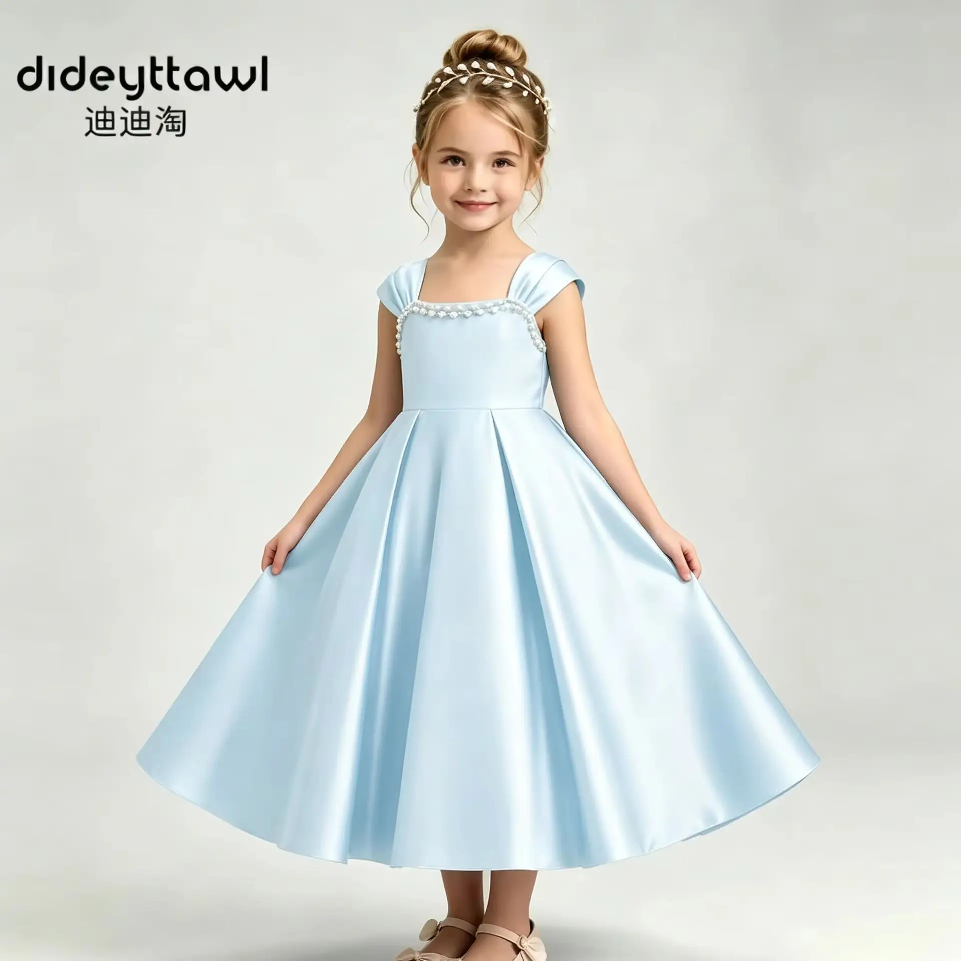 Dideyttawl Satin Long Party Dress Square Neck Pearl Beading Kids Formal Evening Gown Multi Color Flower Girl Dress For Wedding