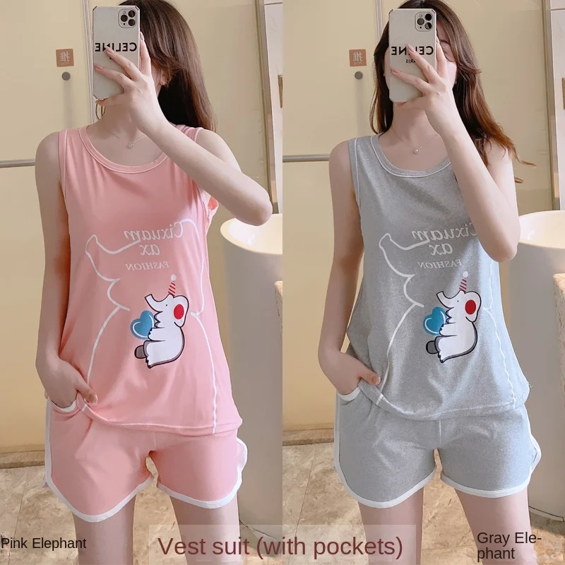 

Summer Women's Sleepwear Sexy Pajama Set O-Neck Pyjamas Sleeveless Vest Top Loose Short Pant with Pocket Shorts Two Piece Sets