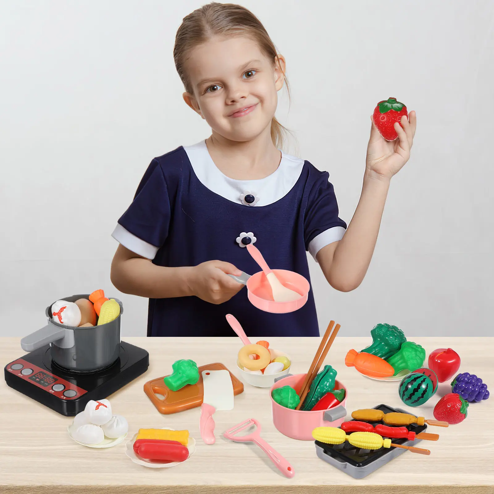 

86-Piece Pink Kids Chef Set Realistic Kitchen Playset with Pretend Food Cooking Tools Pots Pans for Toddlers Fine Motor Skill