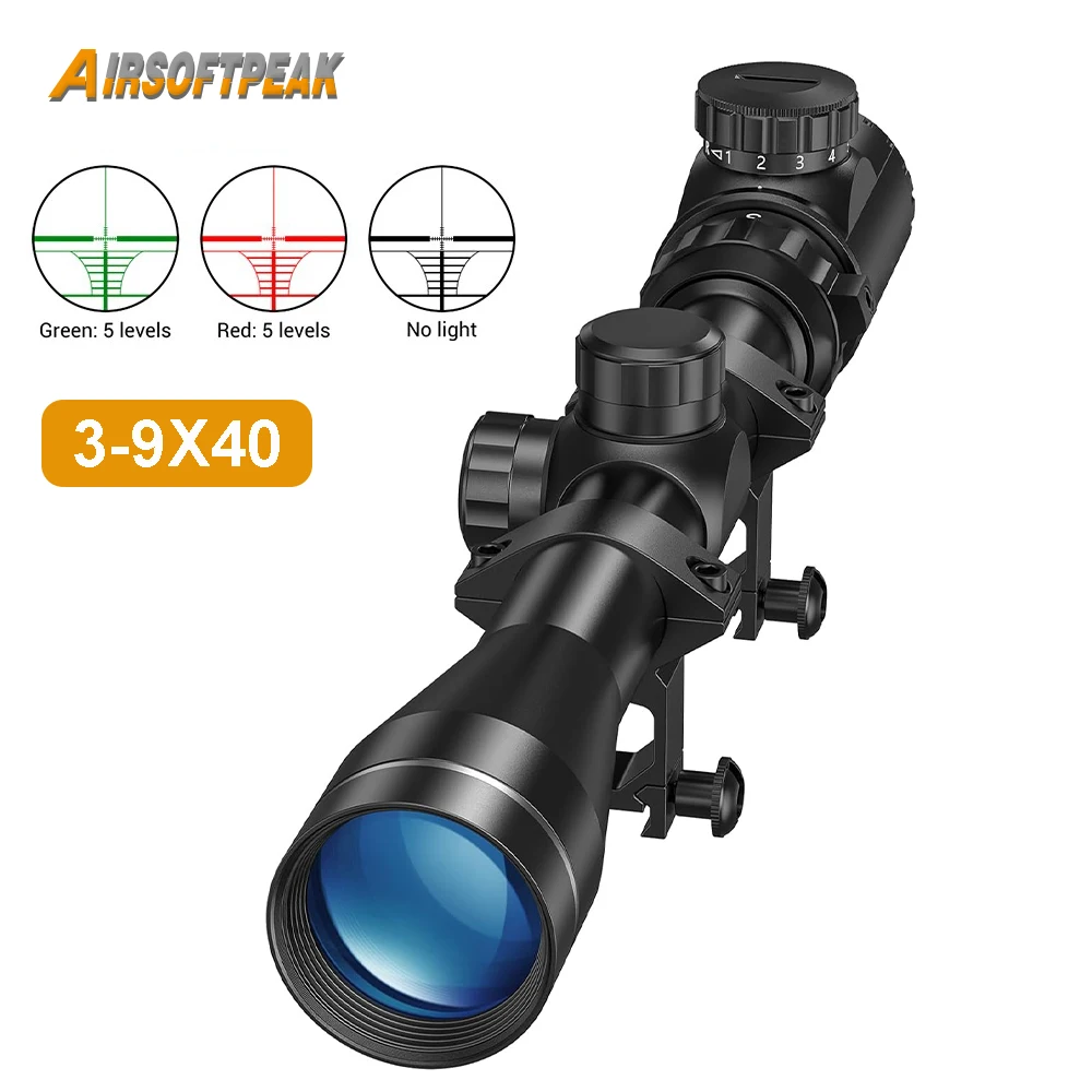 

3-9x40 Rifle Scope Red Green Illuminated Rangefinder Reticle Riflescope Airsoft Hunting Gun Scope with 11/20mm Mounts