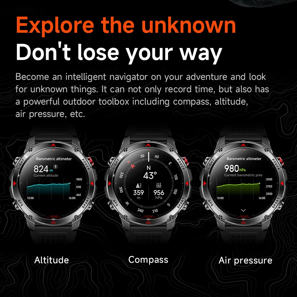 T-REX Military Outdoor Sports GPS Smartwatch LED Flashlight, 540MAH Battery, 3ATM Waterproof Compass, Bluetooth Call, For Xiaomi