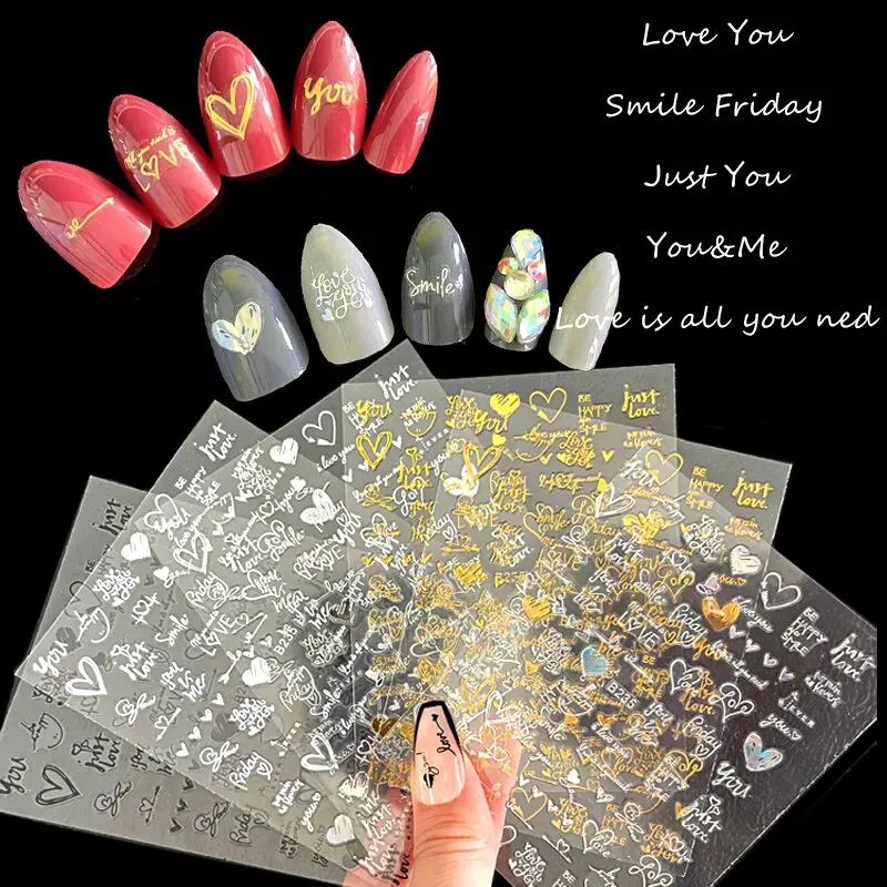 6Pcs/Pack Laser Gold Silver 3D Nail Art Stickers Love Heart Letter Image Nail Decoration Ins Style Sticker DIY Foils Akcesoria