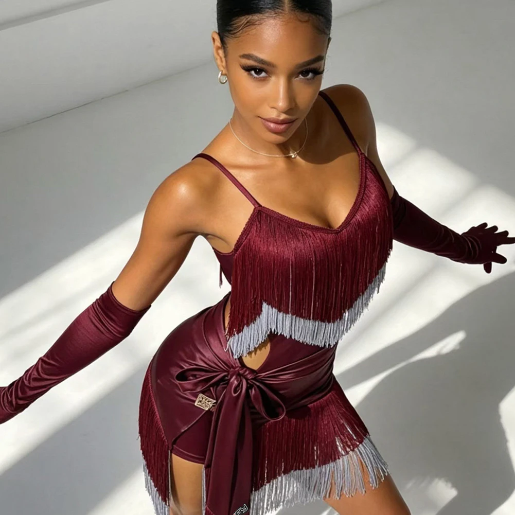 Vintage Wine Red Latin Dance Set Sexy Tassel Hip Scarlet Rumba Sleeveless Sling Top Competition Art Test Training Set