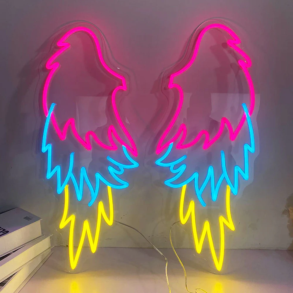 Angel Wings LED Neon Sign for Wedding Party, Multicolor Wall Light for Photo Booth Nursery Bar Decor, Festive Home Art, Birthday