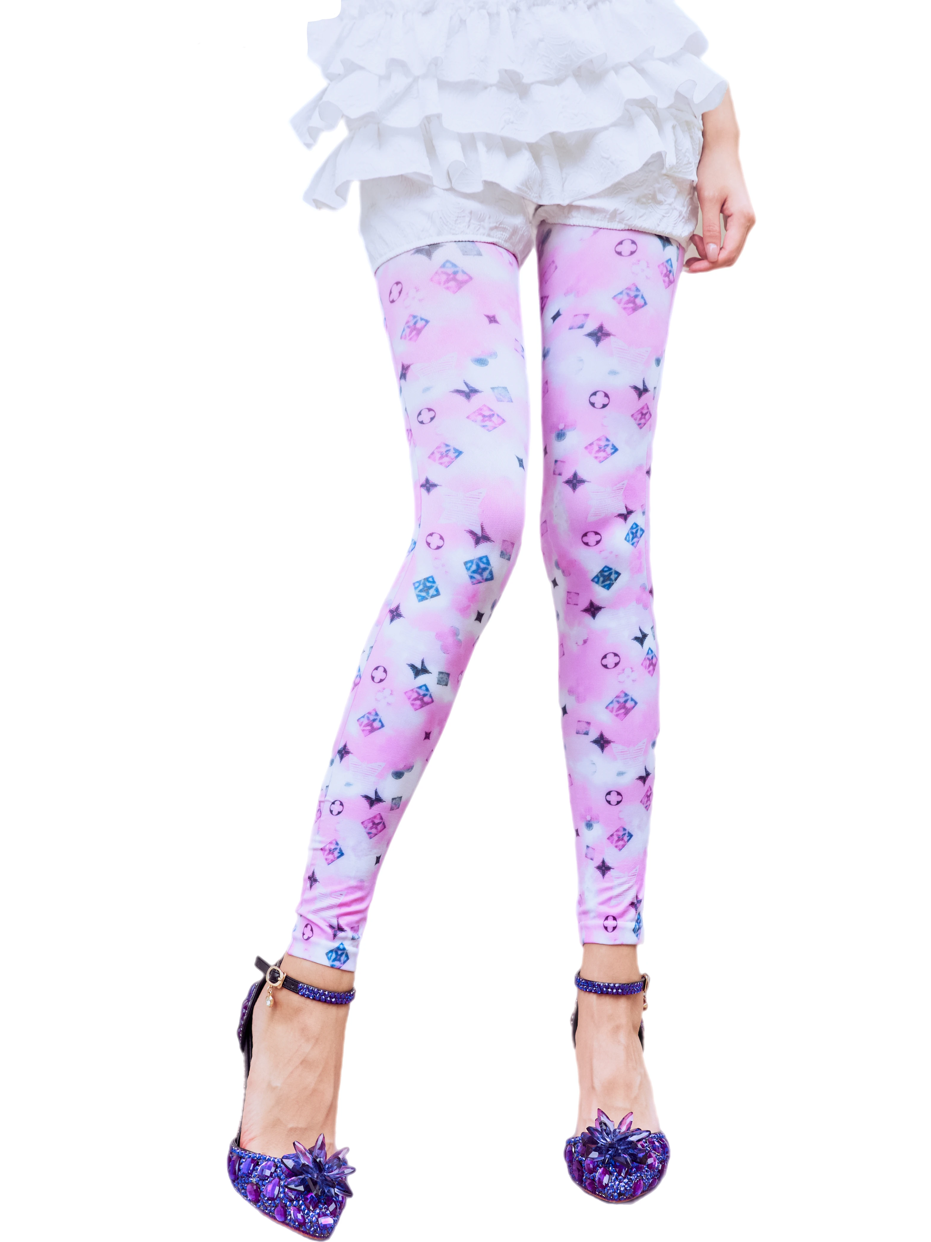 Sahabowi pink butterfly flowers patterns nine pants opaque soft digital leggings for women