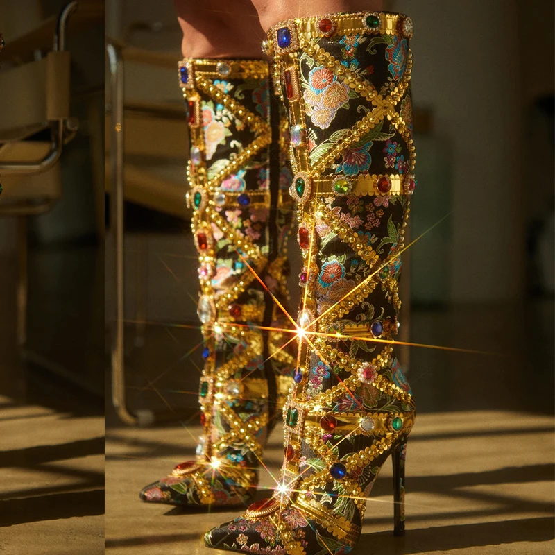 

Fashion Color Gem Embroidered Luxury Knee High Boots Pointed Toe Zipper Detail Party Heels for Women
