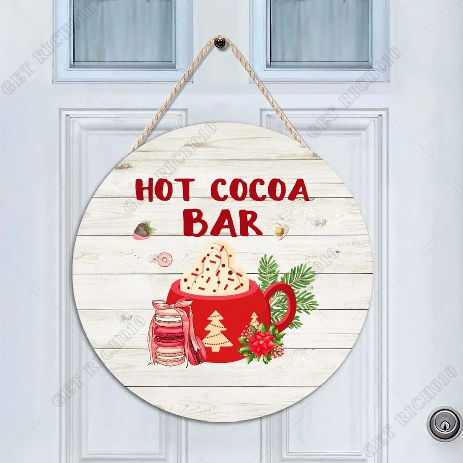 12x12 Inch Hot Cocoa Bar Door Sign for Front Door Farmhouse Decor Round Wooden Sign Rustic Door Hanger Home Decoration