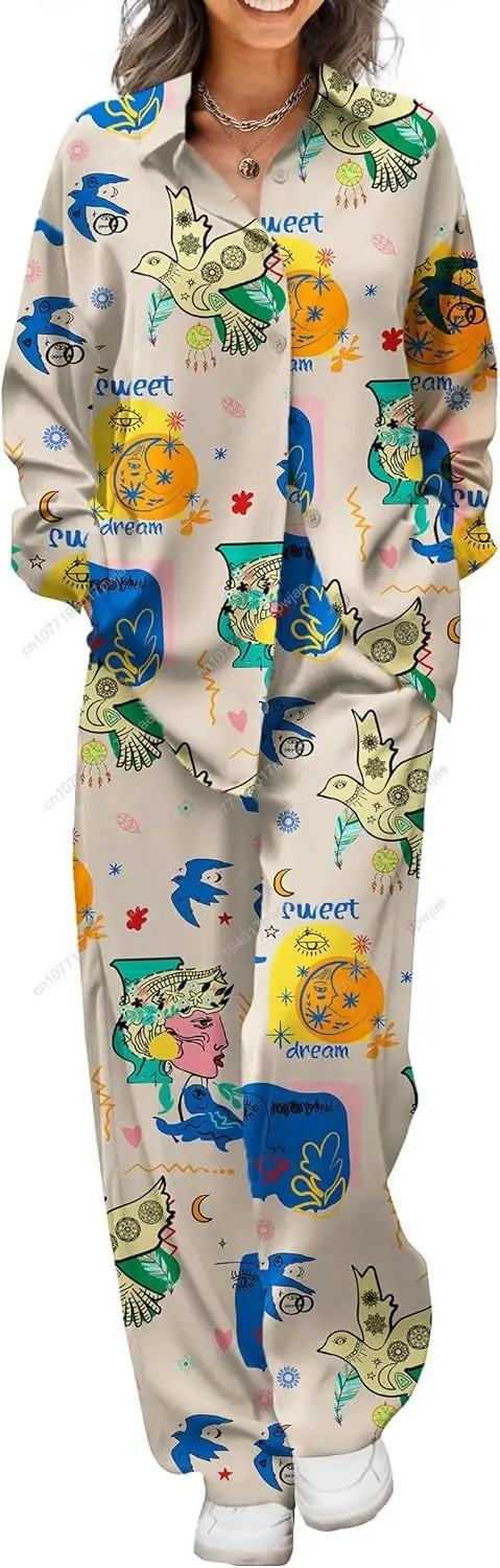 Ekouaer Damen-Pyjama-Set aus Satin, seidig, 2-teilig, bedruckt, Pyjama, weiche Loungewear, Button-Down-Nachtwäsche mit elastischem Bund, lange Hose
