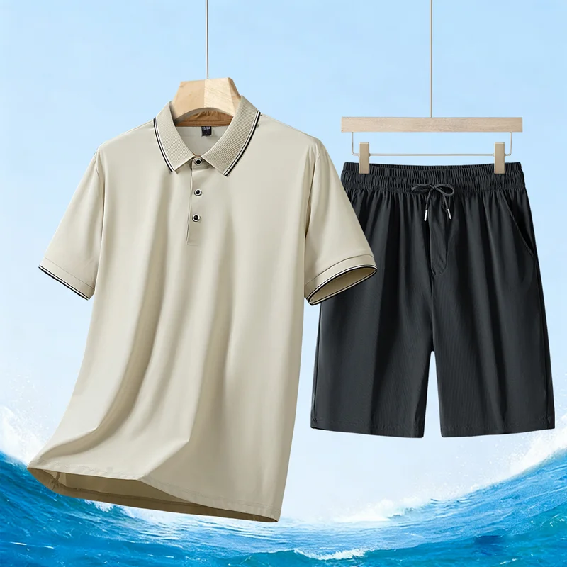 

Summer Men's 2Pcs Short Set, Beige Stitch Trim Polo + Black Quick Dry Drawstring Shorts, Middle Aged Casual Tracksuit