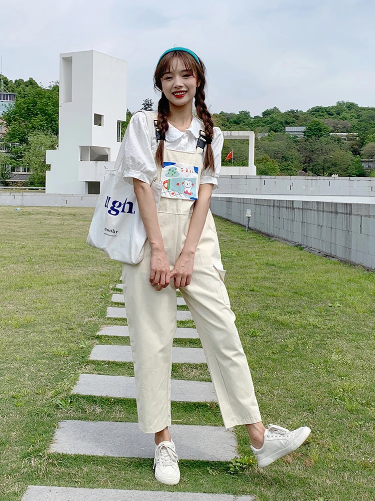 

Lo Xiao Japanese Sle Cute Print Workwear Overalls Women's Loose Rer Suit Casual Pants l Waist Asymmetric kets