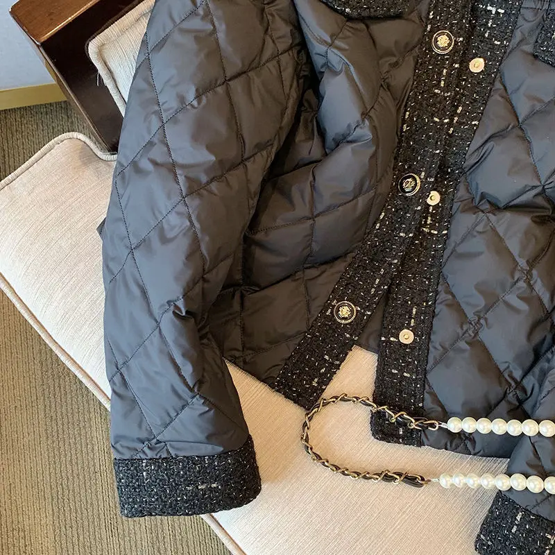 Elegant Black Quilted Jacket Women Autumn Winter Clothes Spliced Padded Jacket Vintage Chic Cozy Coats Ladies Lightweight Parkas