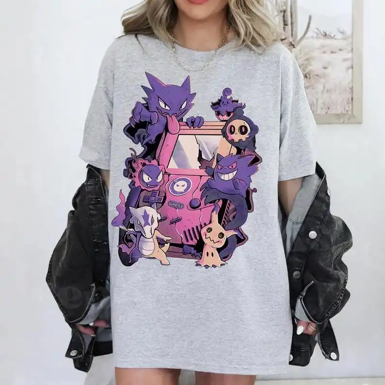 البوكيمون Gengar تي شيرت Y2k تيز انمي ياباني موضة الرجال النساء تي شيرت القطن طباعة قصيرة الأكمام المحملة Harajuku Y2K المحملة القمم