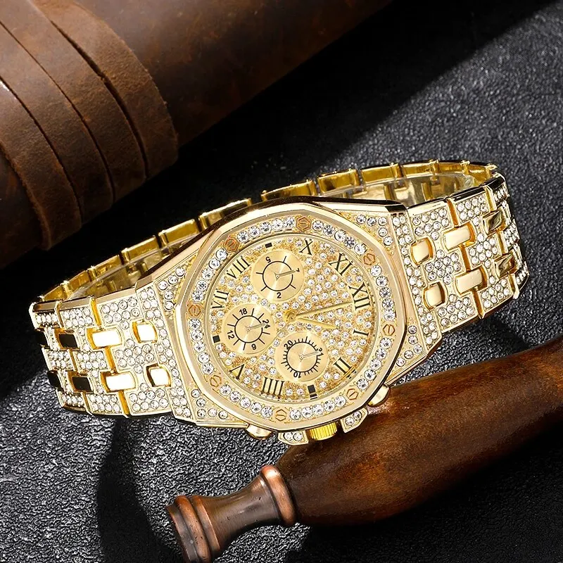 Luxe Heren Horloge Roestvrij Stee Band Gouden Horloges Voor Mannen Mode Hip Hop Horloge Diamant Big Dial Business Quartz Polshorloges