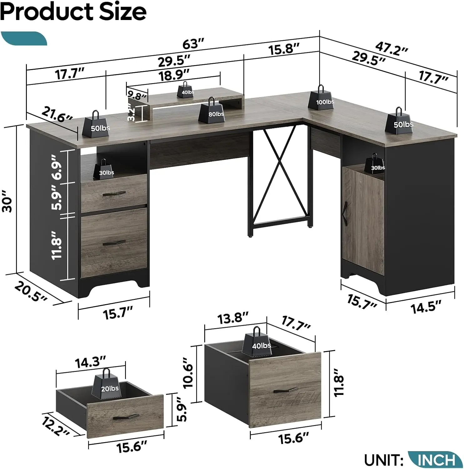 Bester l-förmiger Schreibtisch mit Akten schubladen, 63 "x 47" Büro computer tisch mit Lagers chrank, Eck schreibtisch mit Monitorst änder