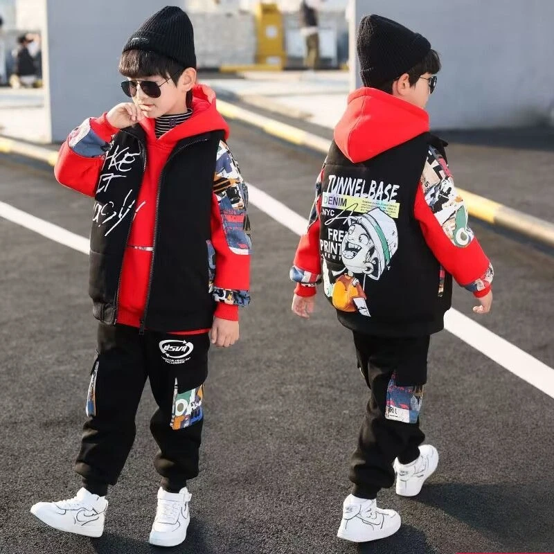 Fleece-Lined Coat Set Hoodies Printed Cartoon Boy Children's Clothing Men's Sets Autumn Winter Clothes Elementary Student Suit