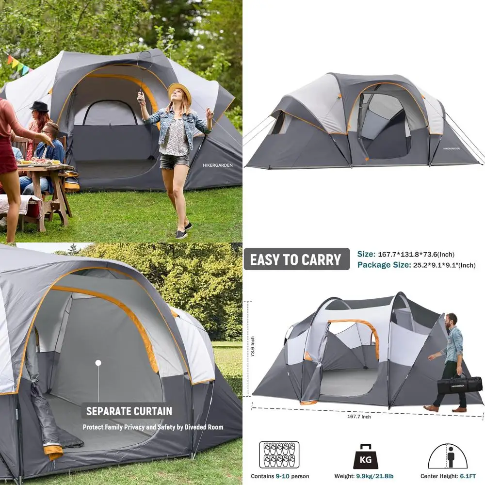 Tienda de campaña HikerGarden para 10 personas: refugio para acampar familiar de configuración rápida, tienda domo a prueba de viento para aventuras al aire libre