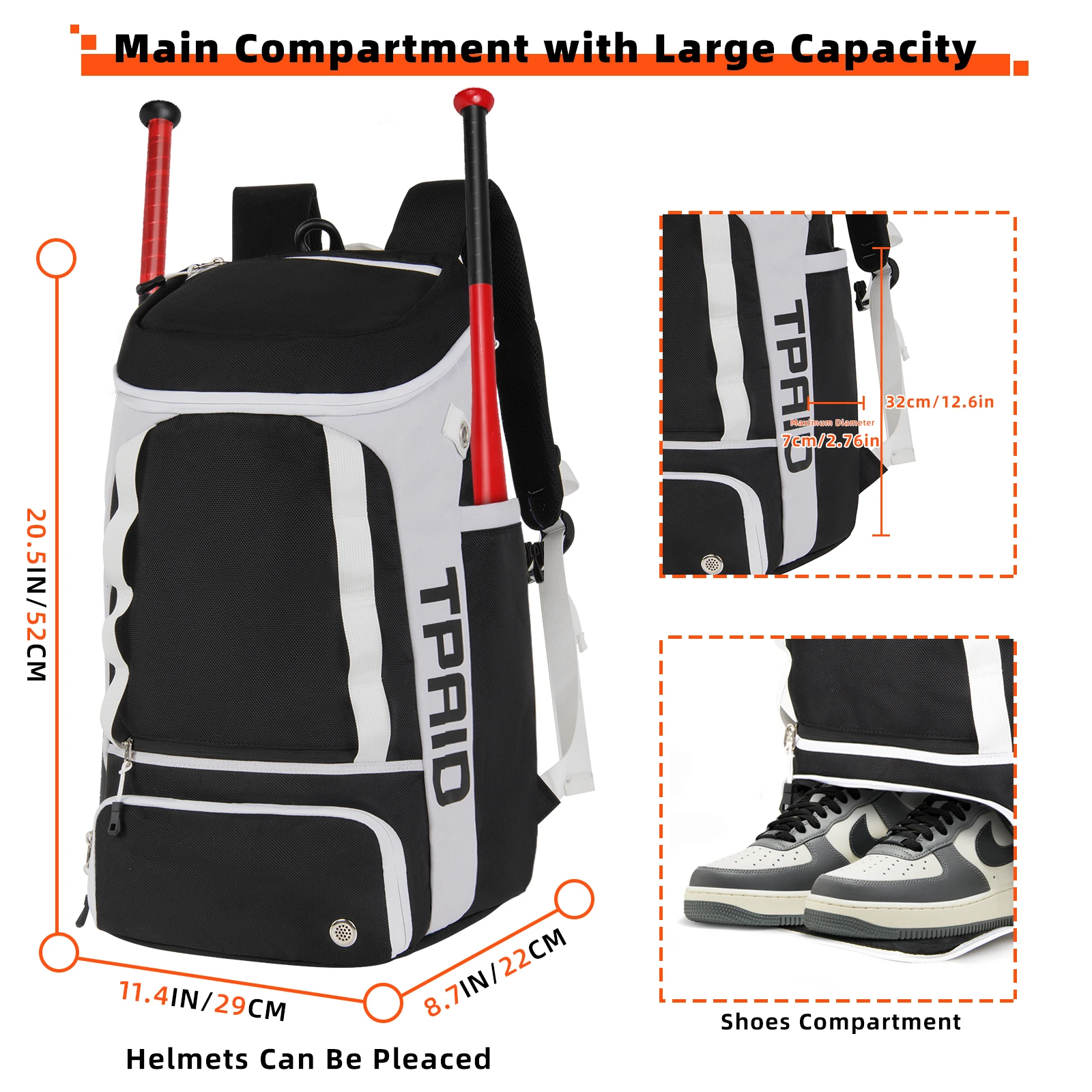 TPAID Baseball Backpack Large Capacity 20.5 inch Sport Bag Softball Sports Training with Shoes Compartment Youth Adult