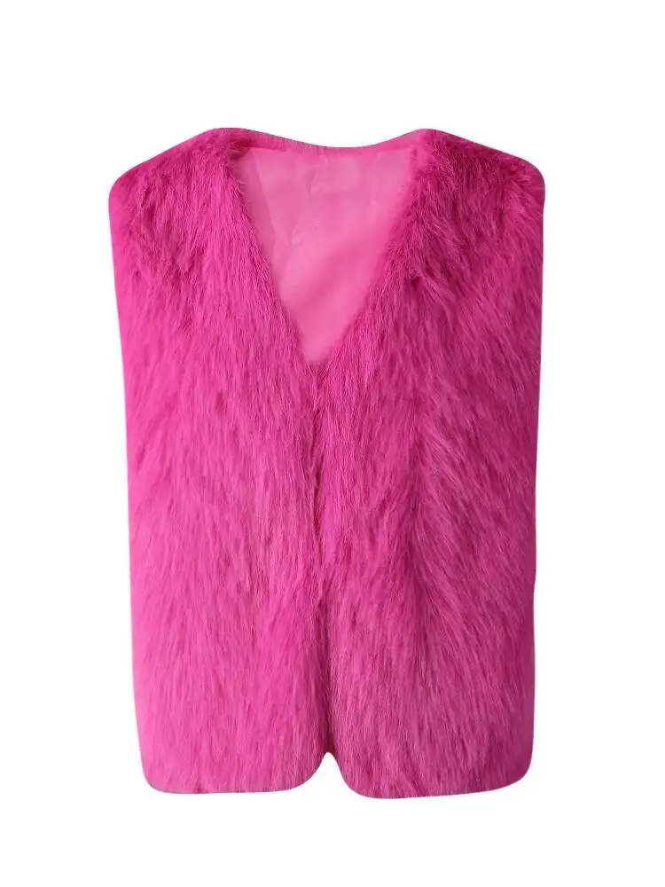 Fashion Rose Red Eco-Friendly Faux Fur Artificial Fur Vest Women's V-neck Thick Plush Waistcoat Winte fashion YCZ6 4