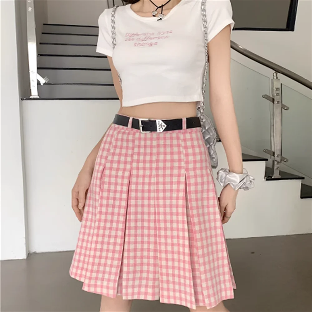 retro JK pleated skirt female spring and summer college style pink plaid skirt