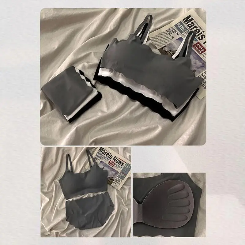 Seamless Scalloped Edge Bra And Panty Set For Women Skin-friendly Wireless Comfortable Lingerie Set Detachable Underwear Coaster
