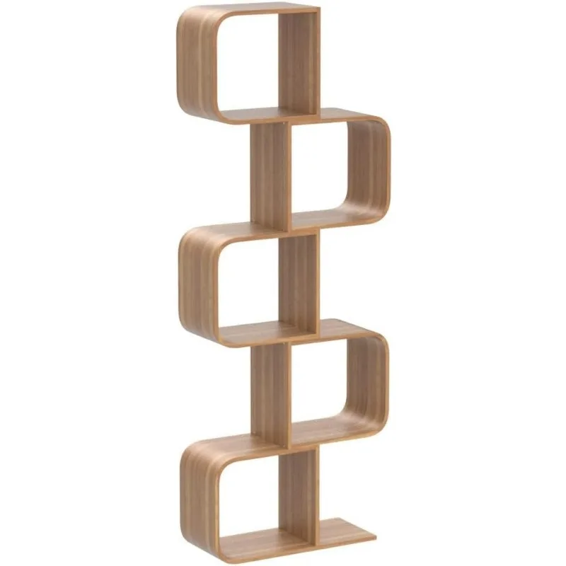 5-Tier S-Shaped Geometric Modern Bamboo Bookshelf, Large Capacity Creative Display Curved Rack Free-Standing Bedside