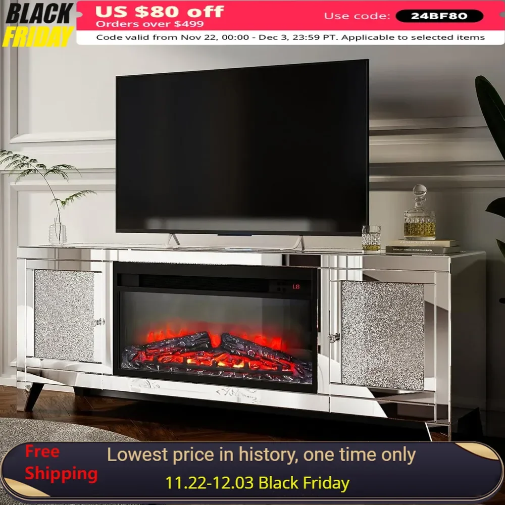 Fireplace TV Stand, Mirrored Silver TV Stand for 65