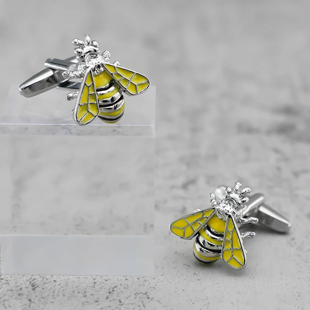 WJFH-ARTS New Animal Yellow Paint Insect Bee Metal Cufflinks Men\'s French Shirt Cufflink Gift Free Shipping