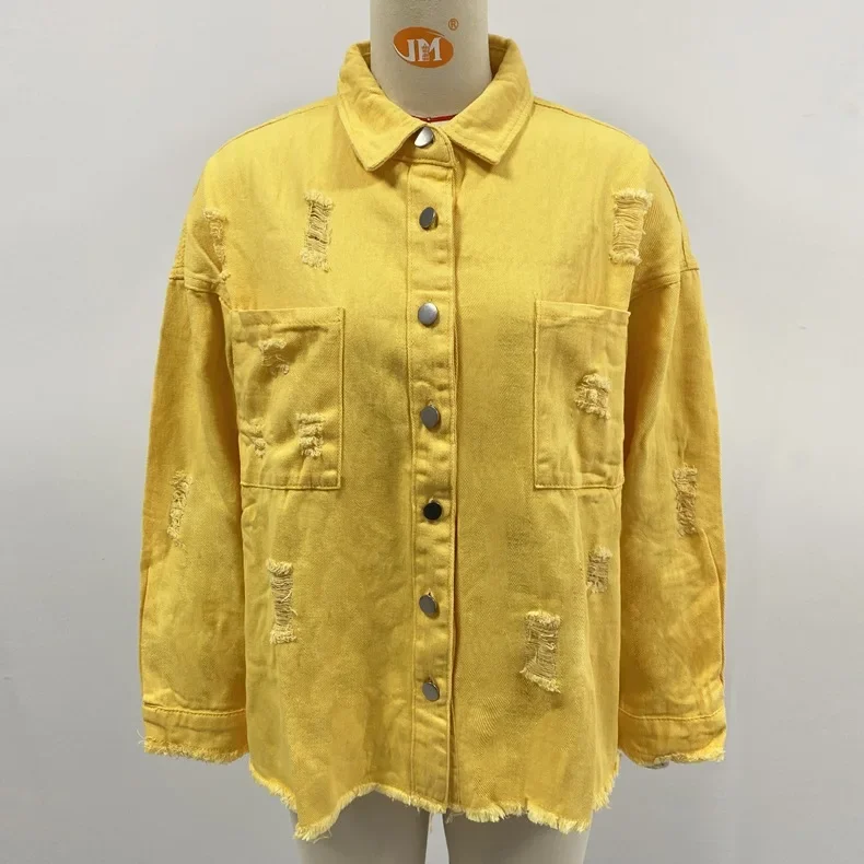 Women Fashion Ripped Denim Jacket Turn Down Collar Long Sleeve Tops Single Breasted Tassels Coat Loose Shirts & Blouses Outwear
