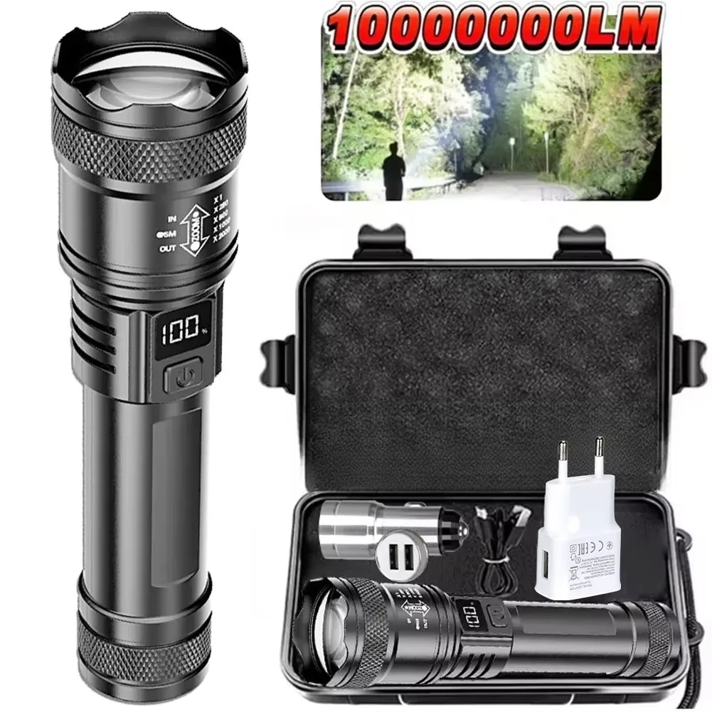 100000LM Super Bright Flashlight Type-C Rechargeable LED Torch Long Range Tactical Lamp for Outdoor Waterproof Camping Lantern