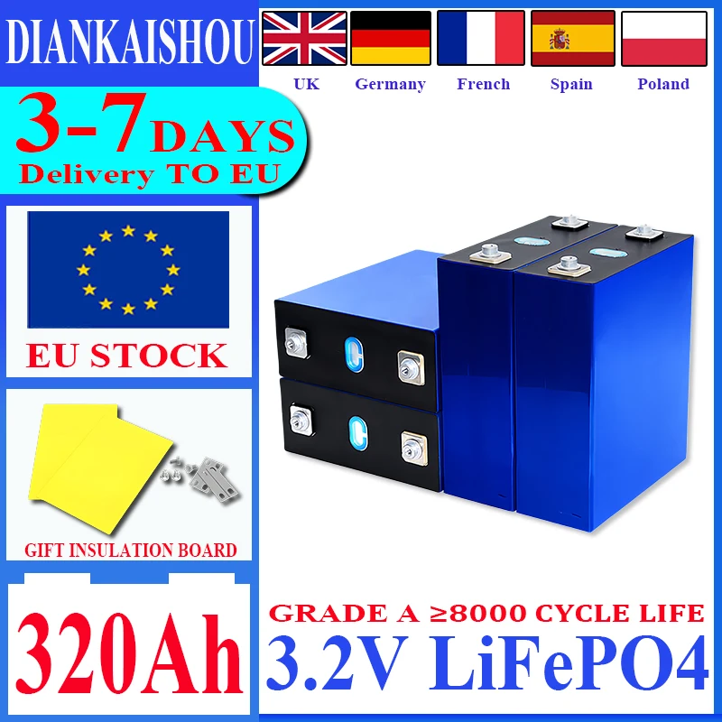 EU STOCK Lifepo4 3.2V 320AH Battery DIY 12 V 24 V 48 V Lithium Iron Phosphate Cell for Camping EV RV Golf Shopping EU tax fre