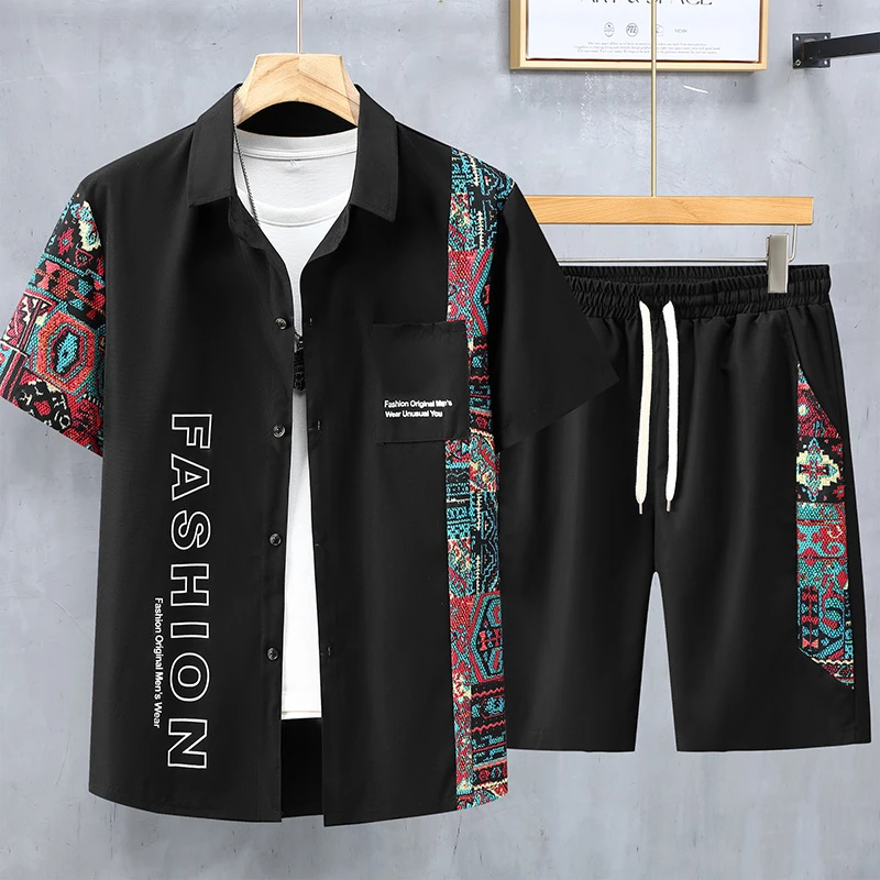 Summer Tracksuits Plus Size 11XL Men\'s Sets Fashion Casual Patchwork Shirts Shorts Suits Male Sets Big Size 11XL