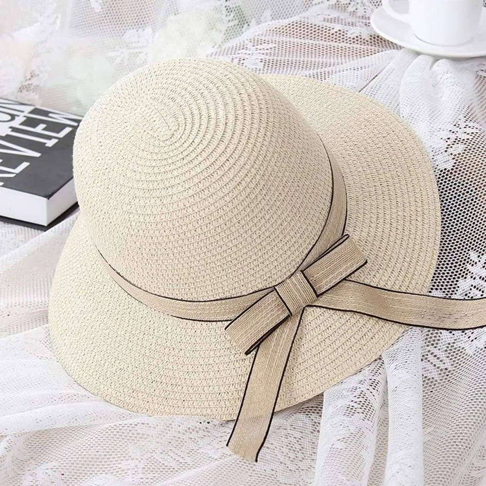 Sombrero de sol con protección UV para mujer, gorra de Panamá de viaje de ala ancha, sombrero de paja con lazo informal, Verano