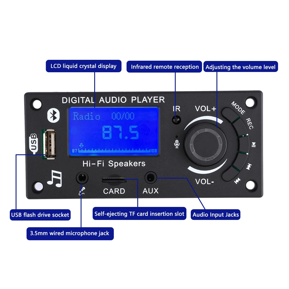 โมดูลถอดรหัสเสียงไร้สาย mp3 Bluetooth 5.0บอร์ดเครื่องเสียงรถยนต์ FM APE FLAC WMA WAV ถอดรหัสพร้อมรีโมทคอนโทรล TF Card พอร์ต USB