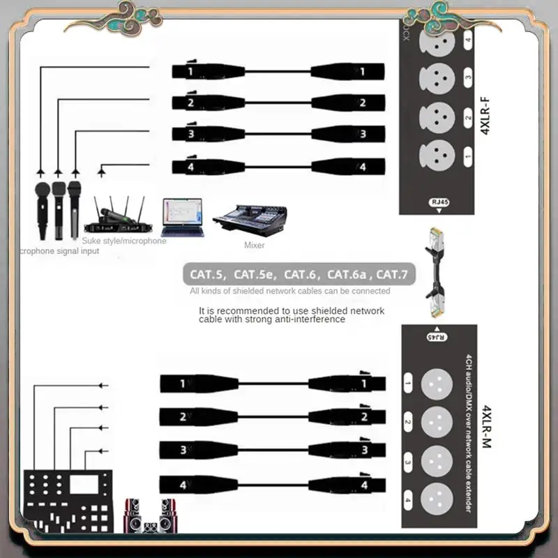 A46M-4Pair extensor de Cable de Audio DMX sobre red XLR de 4 canales y 3 pines o 6,3 Mm, extensor de señal de red DMX512 macho + hembra