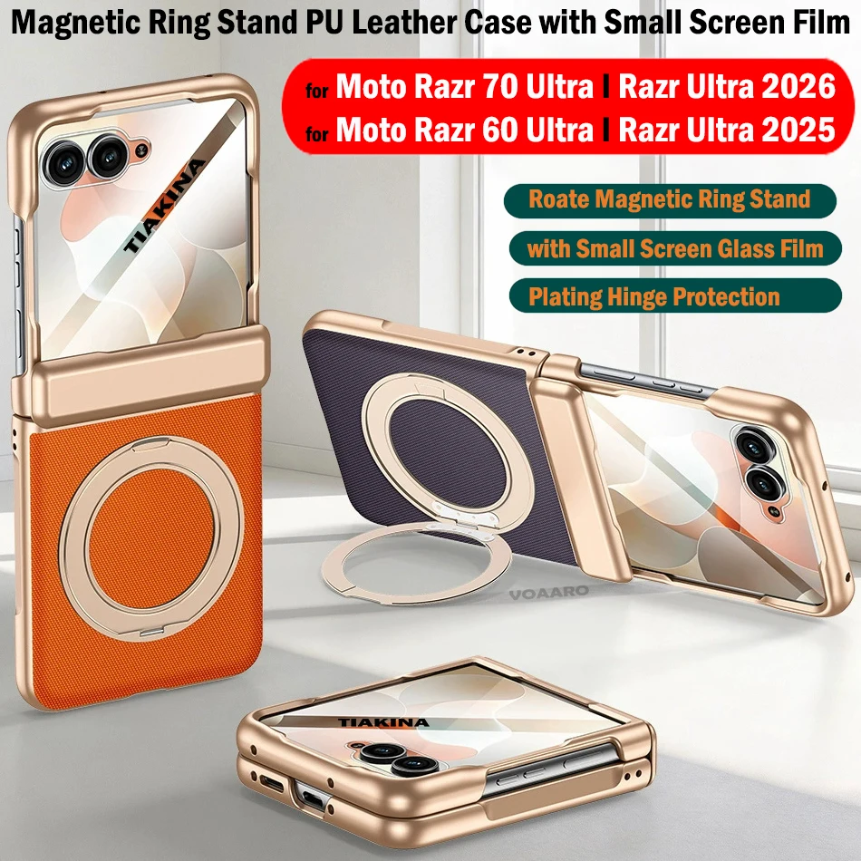 

Plating Leather Funda for Motorola Razr 60 70 Ultra 2026 2025 Hinge Case Rotate Magnetic Ring Stand Cover with Small Screen Film