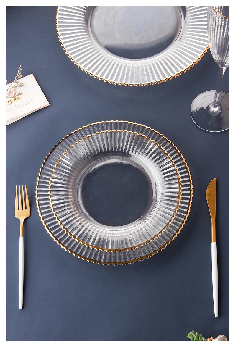 Clear Plastic Charger Trays with Gold Rimmed Stripe, Acrylic Decorative Serving Trays, Pack of 100