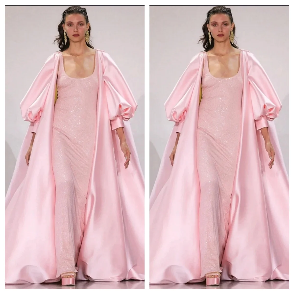 ピンクの長袖ウェディングジャケット、ロングケープ、サテンの女性用コートシック、魅力的なラップカスタムカラー