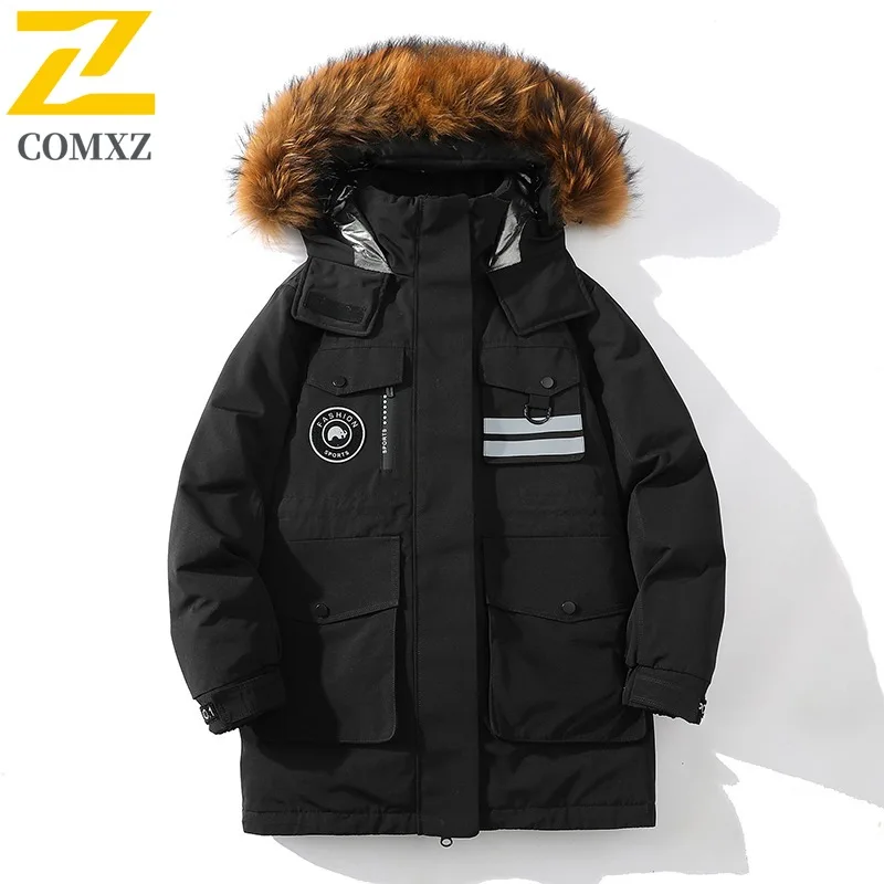 COMXZ Mens Puffer Coat Fur Collar Hooded Outdoor Camping Anti-Cold Parka Casual Street Style Windproof Warm Autumn Winter Coat