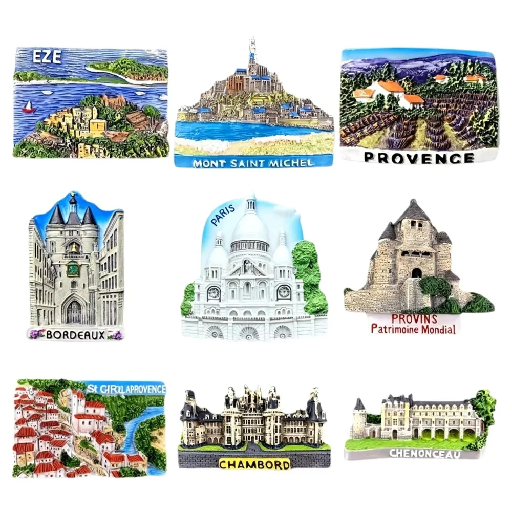 Imán de nevera con diseño de monumentos franceses, 3D estereoscópico, Castillo de Eze, Chambord, Chenonceau, recuerdo turístico, decoración de cocina