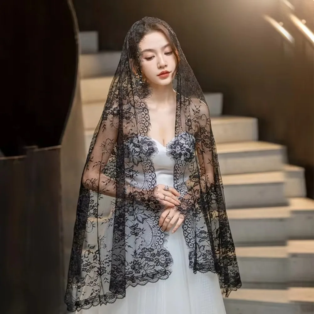 New Lace Women Shawl Black Long Wedding Veils Flower Catholic Veil Mantilla