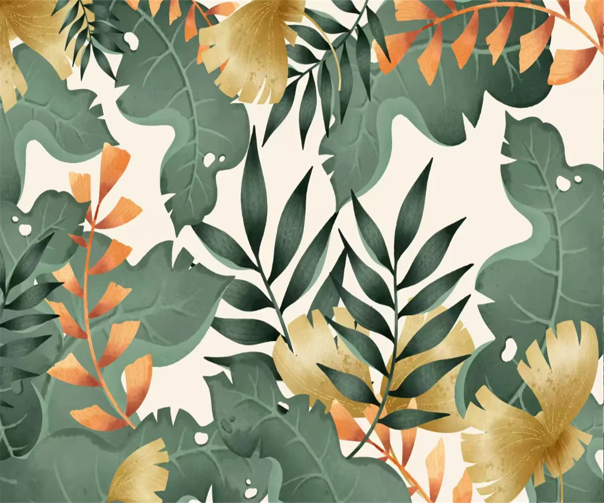 

Custom wallpaper Green Gold black and white color Southeast Asian plant leaf mural home decoration bedroom decoration painting