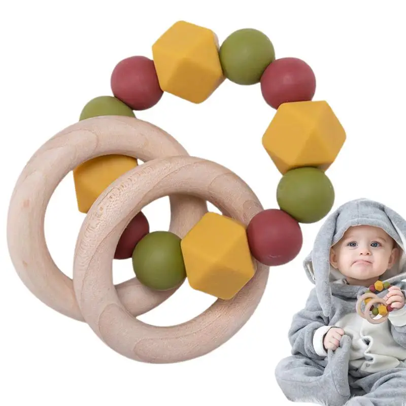 

Wood Teether Ring Natural Wood Teething Ring Beaded Bracelets Bead String Food-Grade Montessori Toys For Babies Little Children