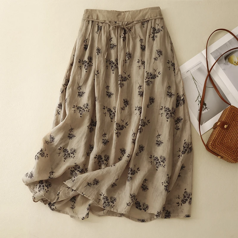

Ретро-юбка миди А-силуэта из льна с цветочным принтом, женская, с высокой талией, с поясом, летняя, свободная, с широким подолом, юбка-солнце, для повседневной носки, в стиле артистичной моды