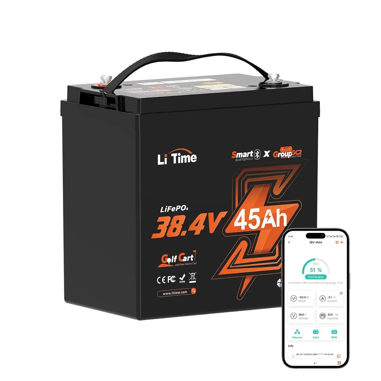 

36V 45Ah GC2 Lithium Trolling Motor Battery, Bluetooth 5.0 with 90A BMS, Low-Temp Protection, 4000+ Cycles, Max 3.4kW, Custom