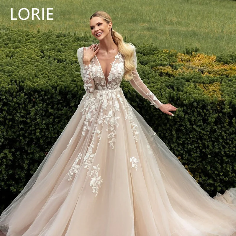 

LORIE Sexy A-line Wedding Dresses V-Neck Flower Applique Bridal Gown Elegant Backless Satin Wedding Gowns Customized 2025