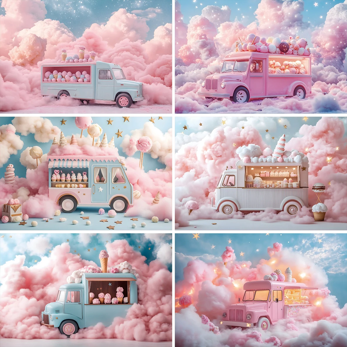 รถบรรทุกไอศกรีมเมฆสีชมพูการถ่ายภาพพื้นหลังร้านขนมหวาน Dreamy ดาวสาววันเกิดเค้ก Smash Photocall ฉากหลัง